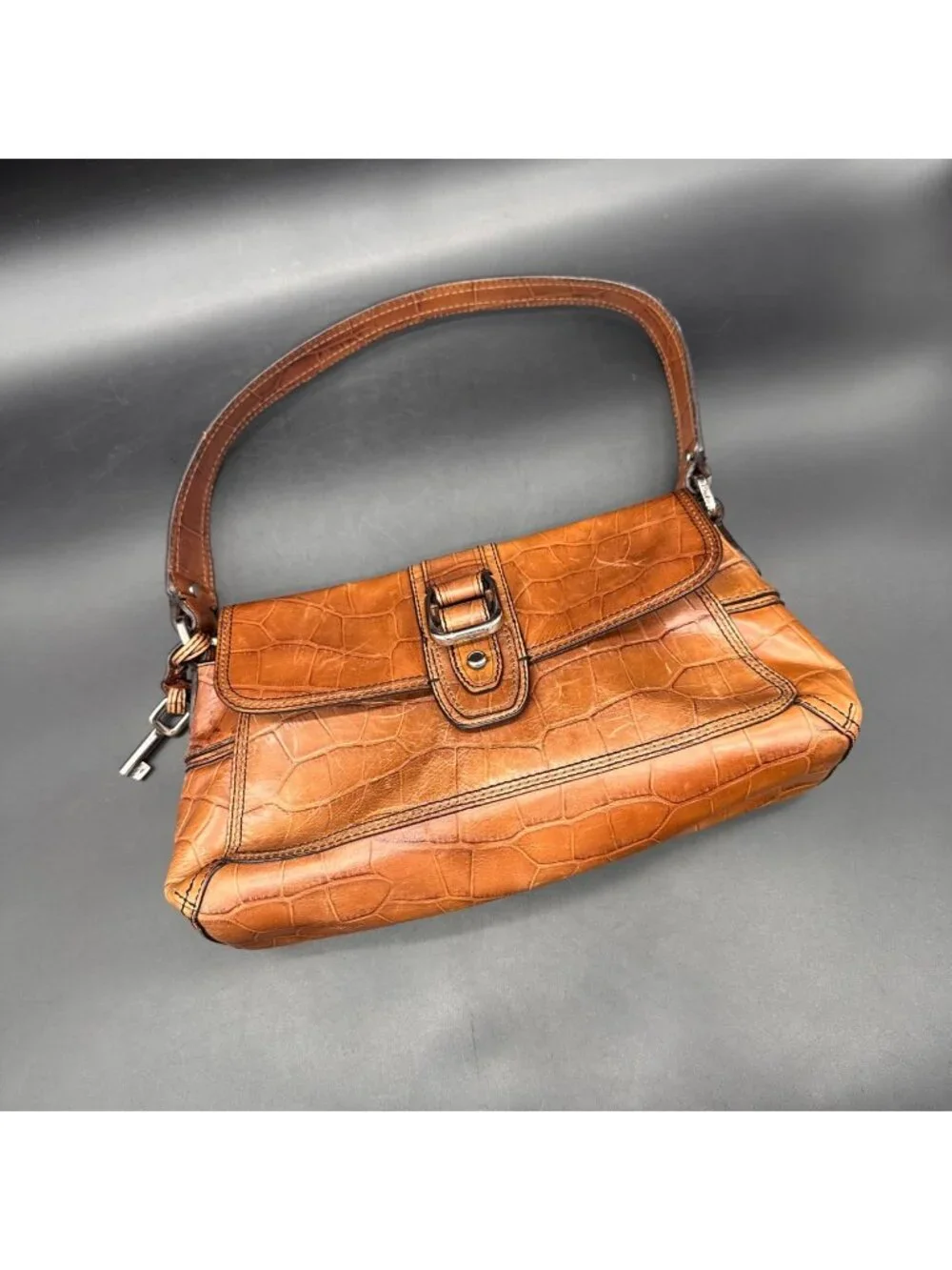 Fossil Croc Embossed Leather Purse Shoulder Bag Buckle Accent Brown Y2K READ